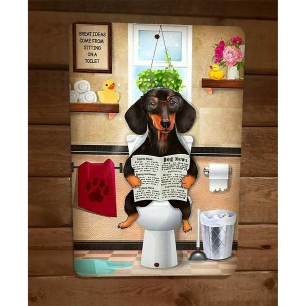 Funny Dog News Dachshund Weiner Dog Sitting on Toilet 8x12 Metal‎ Wall Sign